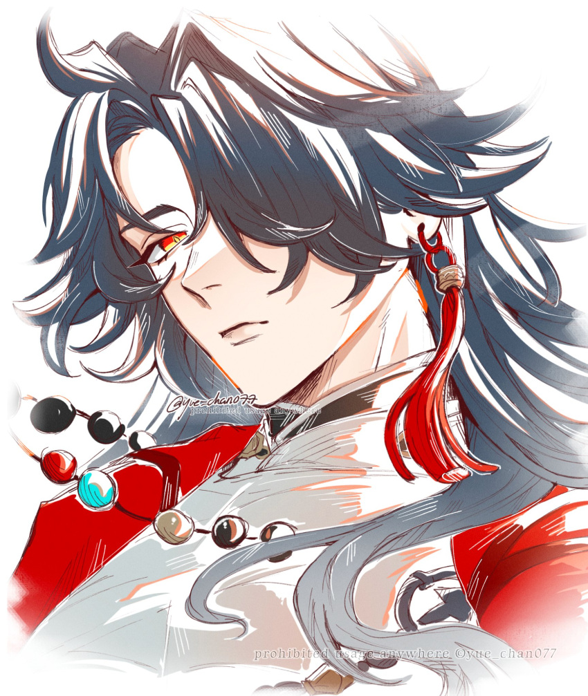 1boy, black_hair, blade_(elation)_(honkai:_star_rail), blade_(honkai:_star_rail), closed_mouth, collared_shirt, earrings, hair_over_one_eye