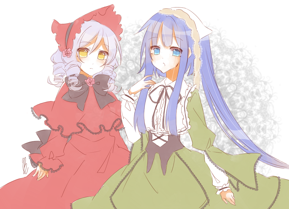 2girls, :o, alternate_costume, black_bow, black_bowtie, black_corset, black_ribbon, blue_eyes, blue_hair, bonnet, bow, bowtie, brooch, capelet, collar, commentary, corset, cosplay, crossover, dlanor_a._knox, dress, drill_hair, flower, frilled_capelet, frilled_collar, frilled_dress, frilled_sleeves, frills, furudo_erika, green_dress, hand_up, headscarf, jewelry, lace_lappet, lappet, light_blush, lolita_fashion, long_sleeves, looking_at_viewer, multiple_girls, neck_ribbon, pink_flower, pink_rose, purple_hair, red_bonnet, red_capelet, red_dress, ribbon, rose, rozen_maiden, saisat34, shinku, shinku_(cosplay), sidelocks, signature, suiseiseki, suiseiseki_(cosplay), twintails, umineko_no_naku_koro_ni, upper_body, white_background, white_headscarf, yellow_eyes