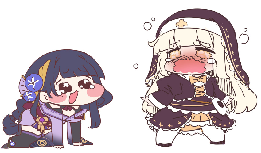 2girls, absurdres, all_fours, armor, black_coif, black_dress, black_veil, blonde_hair