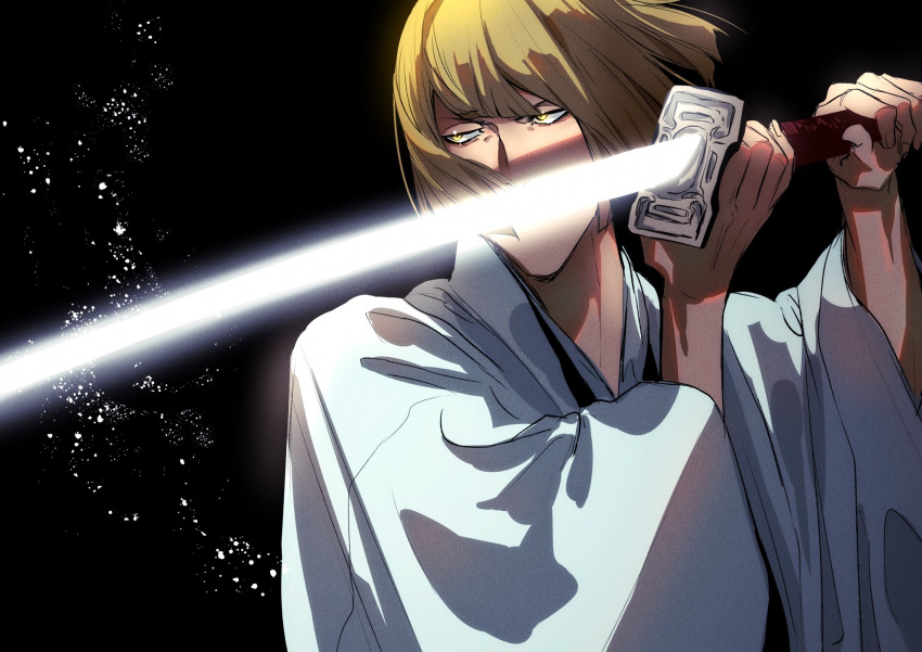 1boy, ajuji_aju, black_background, bleach, blonde_hair, commentary_request, floating_hair, glowing