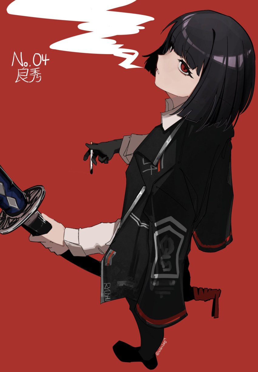 1girl, black_gloves, black_hair, black_jacket, black_pants, black_shoes, bob_cut, cigarette, commentary, dated_commentary, gloves, highres, holding, holding_cigarette, holding_sword, holding_weapon, jacket, jacket_on_shoulders, korean_commentary, limbus_company, looking_at_viewer, looking_up, ootachi, pants, parted_lips, project_moon, red_background, red_eyes, ryoshu_(project_moon), shoes, short_hair, simple_background, single_glove, smoke, smoking, solo, sword, weapon, wldrnbag19