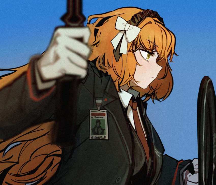 1girl, black_jacket, black_vest, bow, closed_mouth, collared_shirt, commentary, dated_commentary, freckles, from_side, green_eyes, hand_up, highres, holding, holding_mace, holding_shield, holding_weapon, id_card, ishmael_(project_moon), jacket, lapels, limbus_company, long_hair, long_sleeves, mace, necktie, notched_lapels, orange_hair, project_moon, red_necktie, shield, shirt, sidelocks, solo, very_long_hair, vest, weapon, white_bow, white_shirt, wldrnbag19