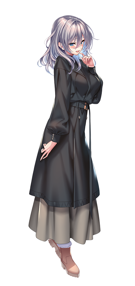 1girl, amakano_2, arm_at_side, black_coat, blue_eyes, blush, boots, breasts