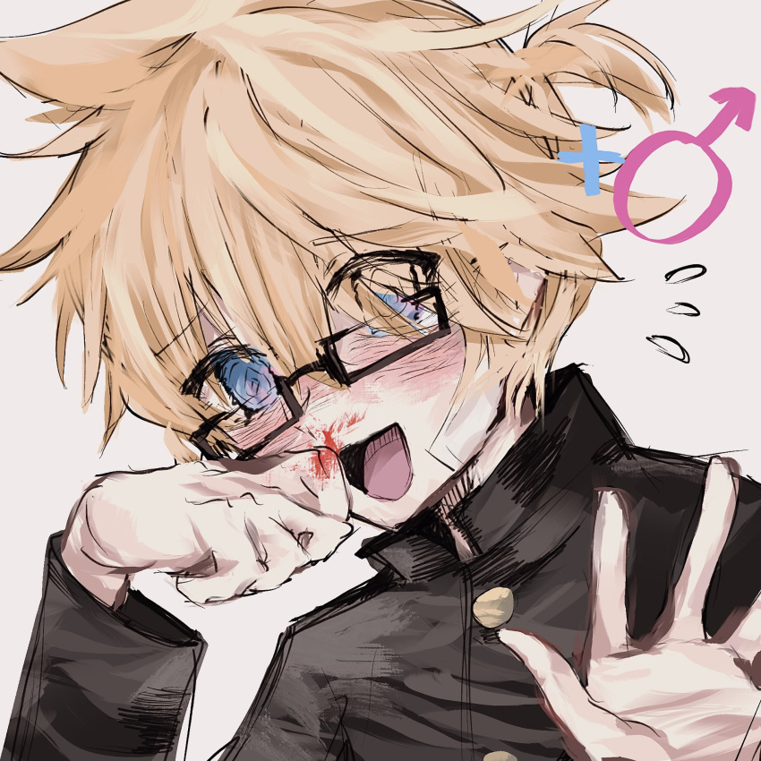 1boy, :d, @_@, bandage_on_face, bandages, blonde_hair, blood, blue_eyes