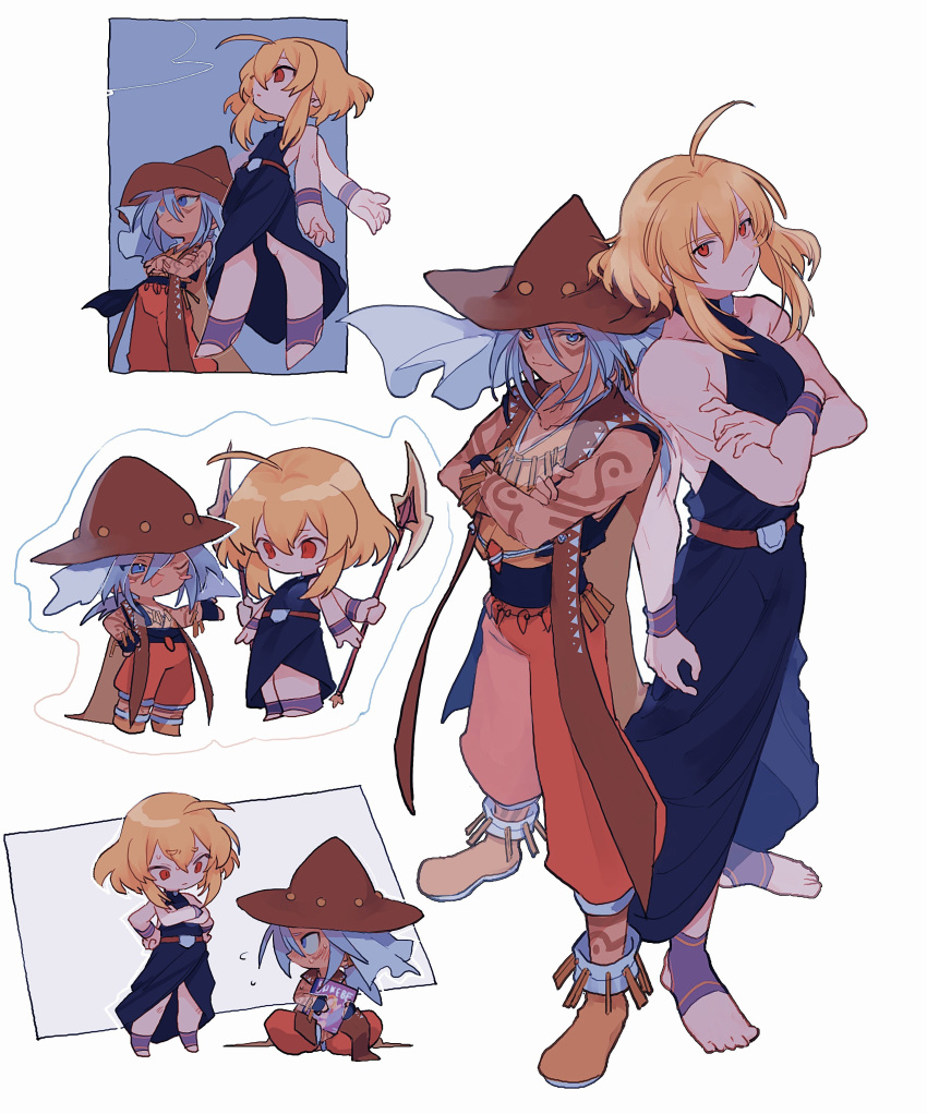 2boys, absurdres, ahoge, arm_tattoo, belt, black_gloves, black_robe, blonde_hair, blue_eyes, blush_stickers, boots, bracelet, brown_belt, brown_boots, brown_hat, chibi, chibi_inset, claus_f._lester, closed_mouth, collarbone, crossed_arms, dark-skinned_male, dark_skin, dual_wielding, extra_arms, facial_mark, fingerless_gloves, gloves, grey_hair, hair_between_eyes, halterneck, hat, highres, holding, holding_magazine, holding_polearm, holding_weapon, jewelry, long_hair, looking_at_viewer, magazine_(object), male_focus, multiple_boys, nancykittyu, necklace, one_eye_closed, origin_(tales), pants, polearm, ponytail, red_eyes, red_pants, robe, short_hair, simple_background, sleeveless, sleeveless_robe, smile, sweat, tales_of_(series), tales_of_phantasia, tattoo, weapon, white_background