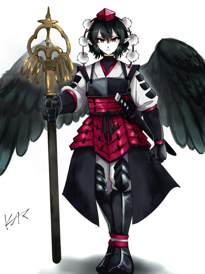 1girl, alternate_costume, armor, black_boots, black_gloves, black_hair, black_wings, boots