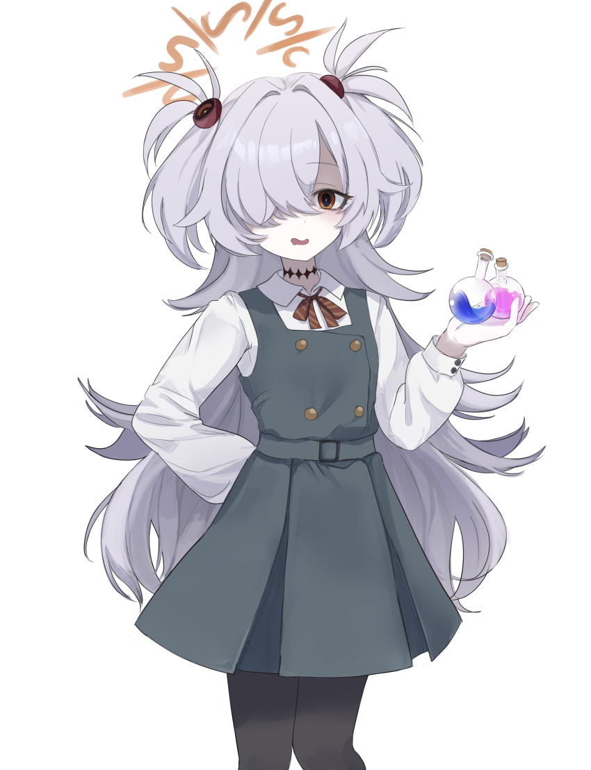 1girl, absurdres, aqua_dress, arm_behind_back, black_eyes, black_pantyhose, blue_archive, blush, brown_ribbon, buttons, collared_shirt, commentary_request, cowboy_shot, double-breasted, dress, drooling, eyeball_hair_ornament, eyelashes, flask, grey_hair, hair_intakes, hair_over_one_eye, halo, hand_up, highres, holding, holding_flask, kanoe_(blue_archive), korean_commentary, long_bangs, long_hair, long_sleeves, looking_at_viewer, mako_draw01, mouth_drool, multicolored_eyes, neck_ribbon, one_eye_covered, open_mouth, orange_eyes, orange_halo, pantyhose, pinafore_dress, pink_pupils, ribbon, round-bottom_flask, school_uniform, shaded_face, shirt, simple_background, sleeveless, sleeveless_dress, smile, solo, spiky_hair, tsurime, two-tone_eyes, two_side_up, very_long_hair, white_background, white_shirt