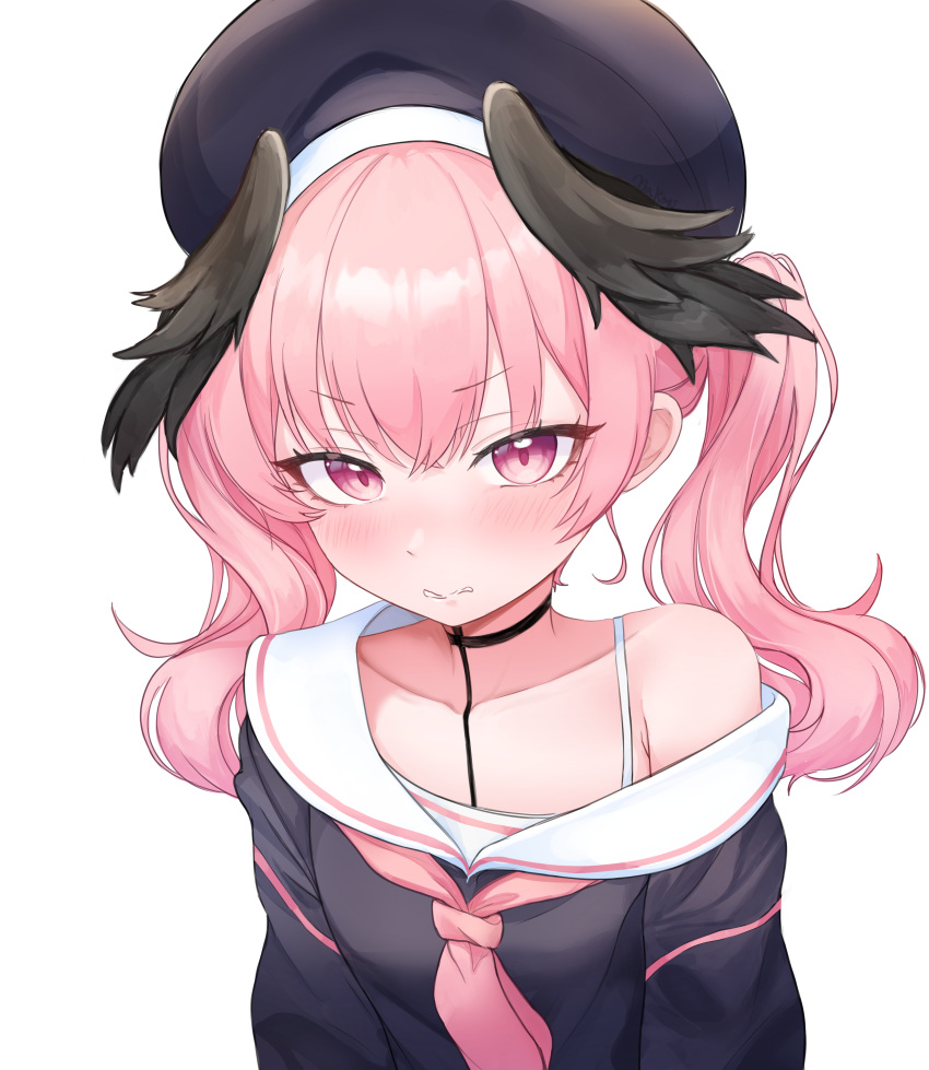 1girl, absurdres, armpit_crease, beret, black_choker, black_hat, black_shirt, black_wings