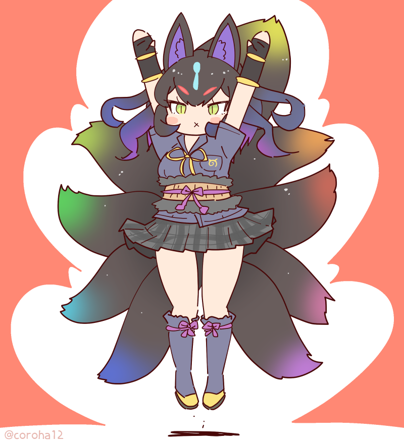 1girl, animal_ears, arms_up, black_hair, coroha, extra_ears, fingerless_gloves, fox_ears