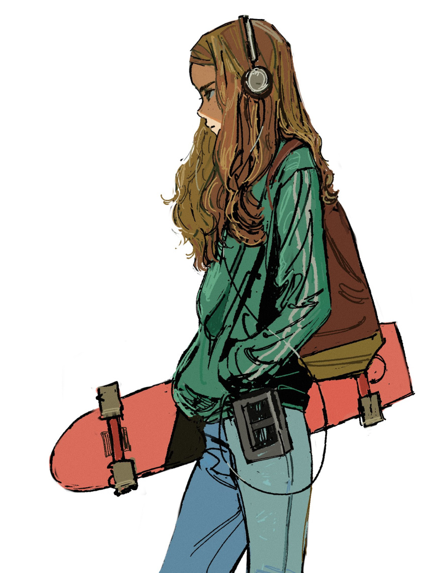 1girl, backpack, bag, cassette_player, closed_mouth, denim, freckles, from_side, green_jacket, hands_in_pockets, headphones, highres, holding, holding_skateboard, jacket, jeans, kgeroua, looking_ahead, max_mayfield, orange_hair, pants, skateboard, solo, stranger_things, striped_clothes, striped_jacket, vertical-striped_clothes, vertical-striped_jacket, walkman, white_background