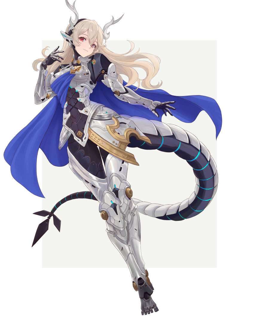 1girl, absurdres, android, black_hairband, blue_cape, breasts, cape, dragon_girl