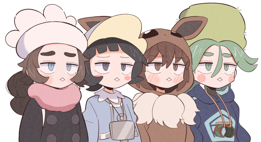 4girls, ansha_(pokemon), arched_bangs, black_eyes, black_hair, black_jacket, blue_eyes, blue_hat