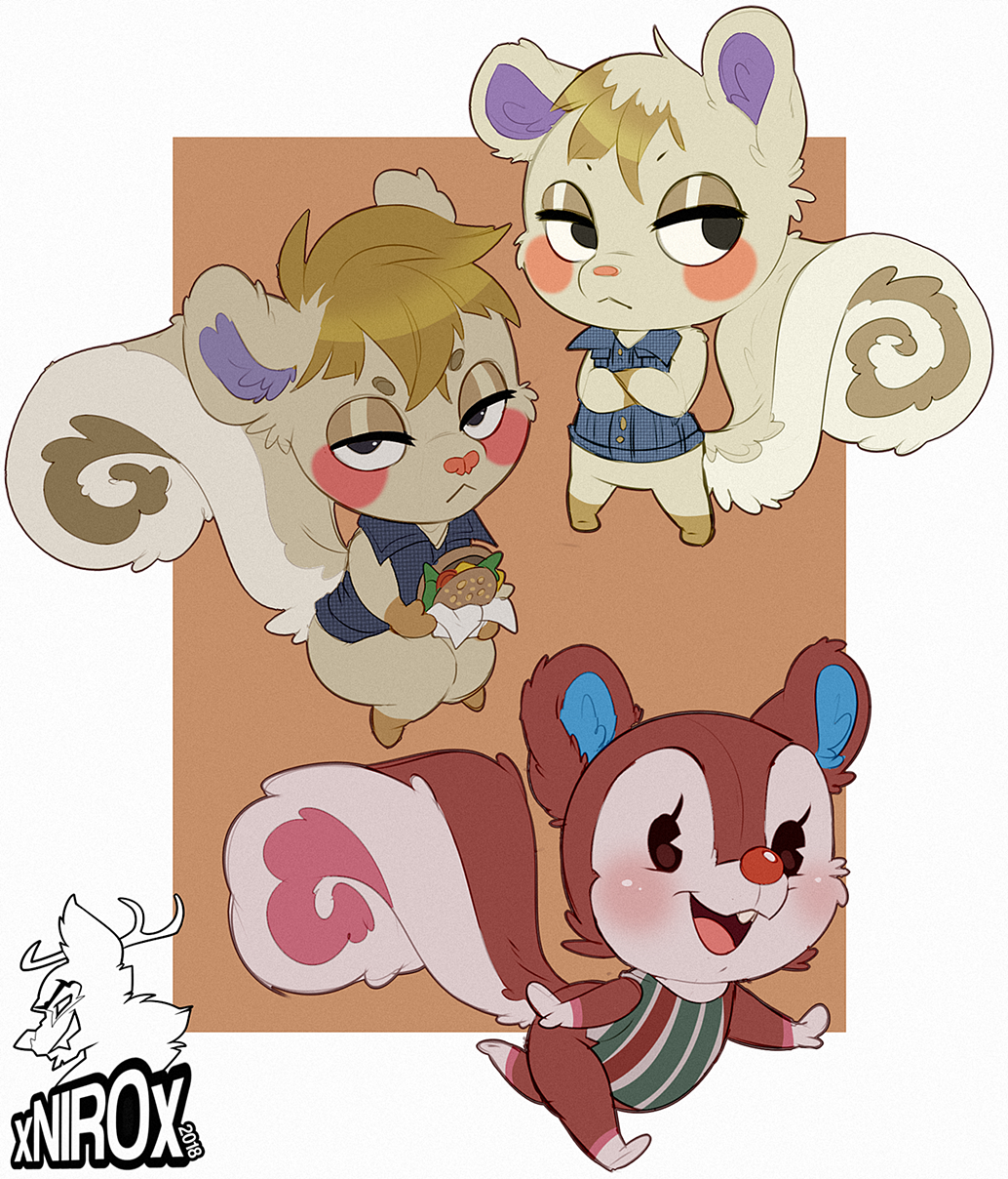1boy, 1girl, animal, animal_crossing, animal_crossing:_new_leaf, animal_ears, artist_logo, blonde_hair, blush, border, burger, crossed_arms, food, highres, holding, holding_food, logo, marshal_(animal_crossing), niro_(xnirox), no_humans, orange_background, poppy_(animal_crossing), red_fur, red_nose, squirrel, squirrel_boy, squirrel_ears, squirrel_girl, squirrel_tail, tail, white_border, yellow_fur