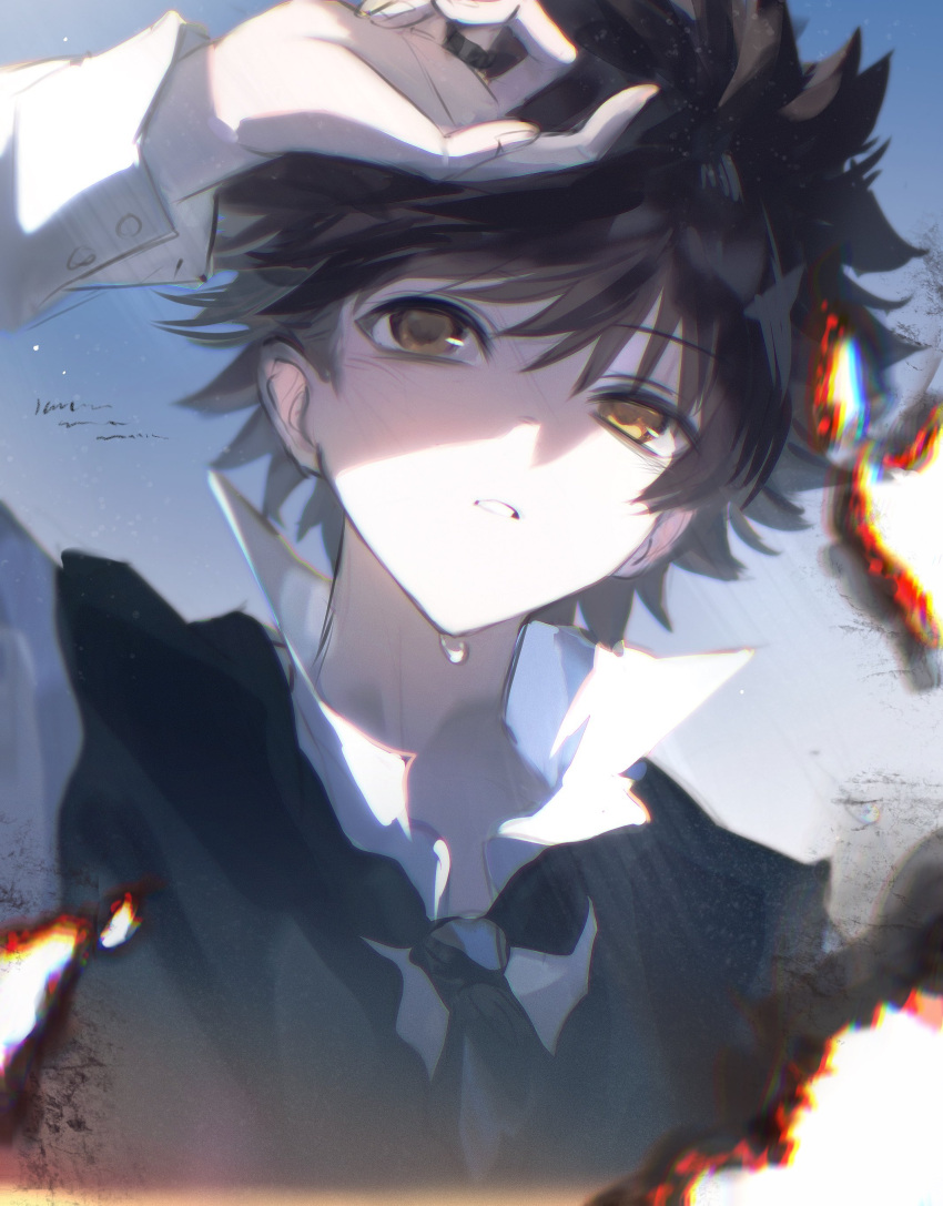 1boy, absurdres, black_hair, black_necktie, black_vest, brown_eyes, burnt_paper, collared_shirt, commentary_request, hand_on_own_head, highres, jtinsjng1, katekyo_hitman_reborn, male_focus, necktie, photo_(object), sawada_tsunayoshi, shirt, short_hair, solo, vest, white_shirt