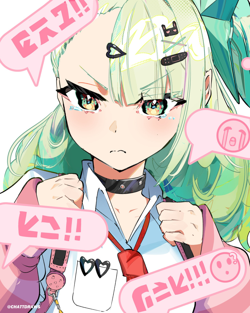 1girl, absurdres, arm_warmers, bandaid, bandaid_hair_ornament, chattdraws, chinatsu_remiel, closed_mouth