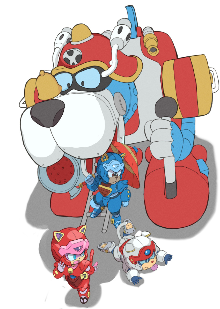 1girl, 2boys, absurdres, android, animal_ear_helmet, animal_ears, animal_helmet, armor