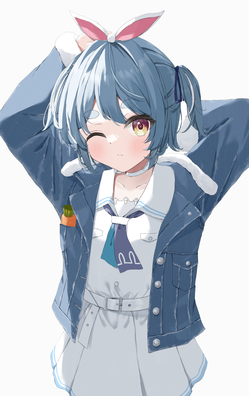 1girl, absurdres, animal_ears, belt, blue_hair, blue_jacket, blush, choker