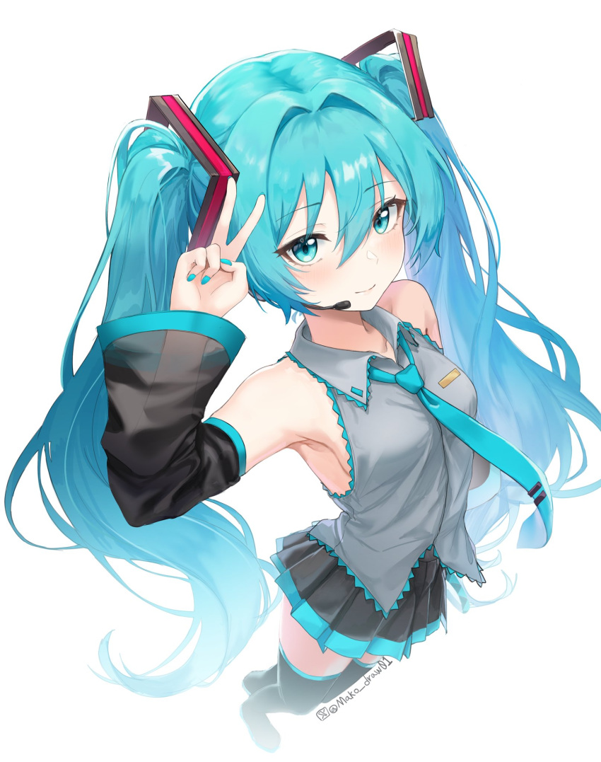 1girl, aqua_eyes, aqua_hair, aqua_nails, aqua_necktie, armpits, bare_shoulders, black_skirt, black_thighhighs, bloom, blush, breasts, closed_mouth, collared_shirt, commentary, detached_sleeves, eyelashes, foreshortening, full_body, grey_shirt, hair_between_eyes, hair_intakes, hand_up, hatsune_miku, highres, long_hair, long_sleeves, looking_at_viewer, mako_draw01, medium_breasts, miniskirt, nail_polish, necktie, pleated_skirt, shirt, sidelocks, simple_background, skirt, sleeveless, sleeveless_shirt, smile, solo, split_mouth, standing, thigh-highs, twintails, twitter_username, upturned_eyes, v, v_over_head, very_long_hair, vocaloid, white_background, wide_sleeves, zettai_ryouiki