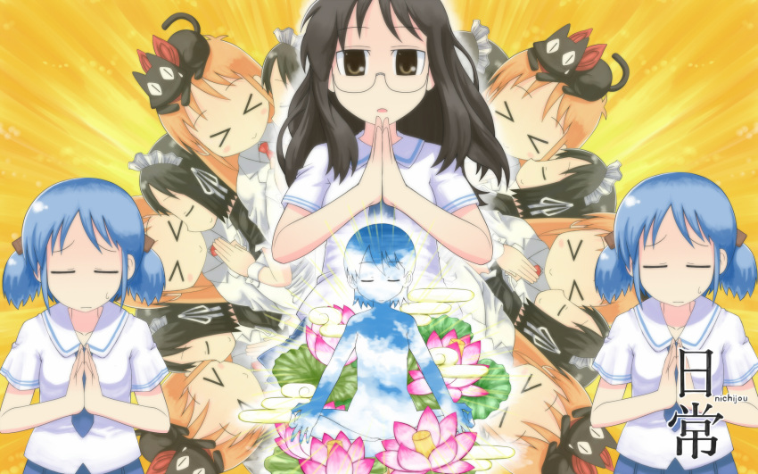 aioi_yuuko, black_hair, blue_hair, brown_hair, buddhism, cat, child, egasumi