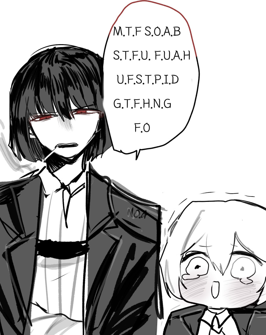 1boy, 1girl, acronym, blunt_ends, blush, cigarette, collared_shirt, glaring