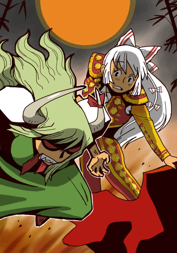 alternate_costume, angry, bullfighting, ex-keine, fujiwara_no_mokou, full_moon, green_hair, horns