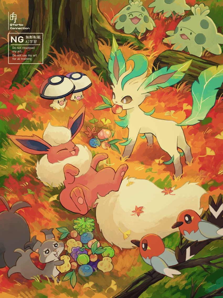 autumn, autumn_leaves, berry_(pokemon), bird, black_eyes, bluk_berry, branch, bright_pupils
