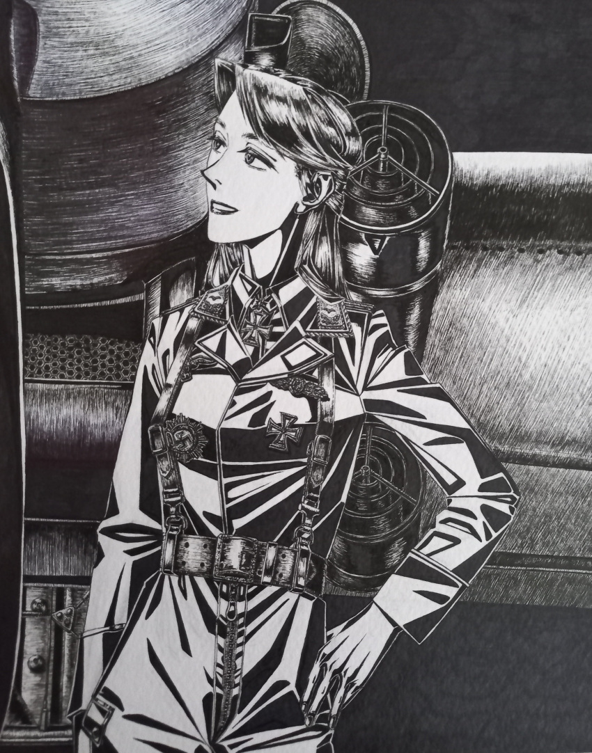 1girl, absurdres, aircraft, airplane, belt_around_waist, bordfunker133, clothing_request, commentary