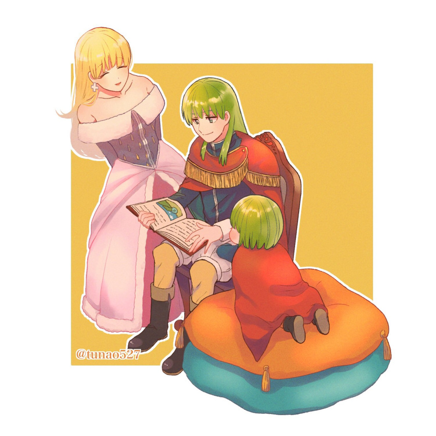 1girl, 2boys, bare_shoulders, blonde_hair, blue_jacket, book, boots, border