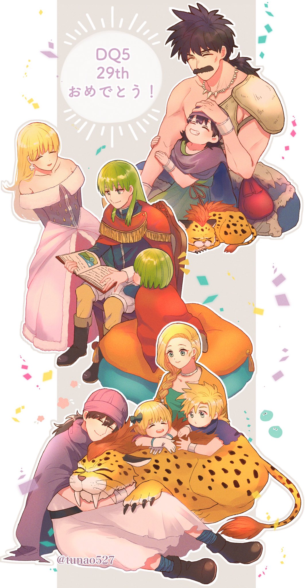 1girl, 2boys, 3girls, 5boys, aged_down, anniversary, armor, bare_shoulders