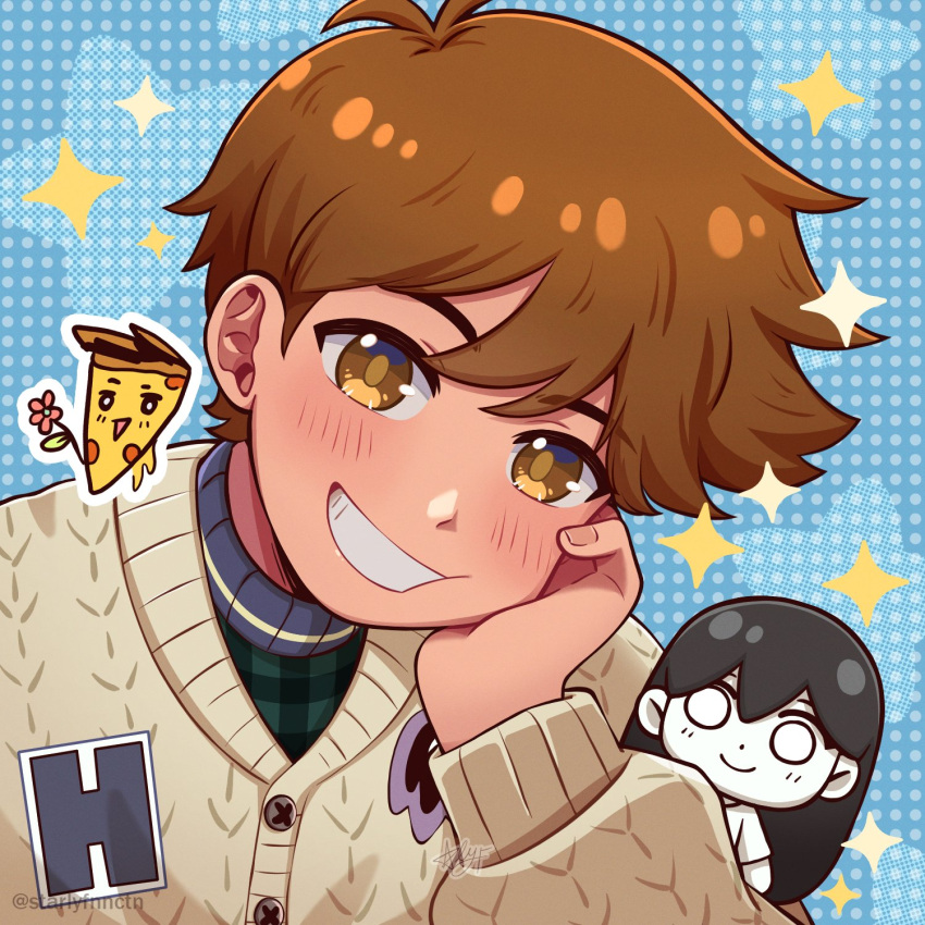 1boy, alternate_eye_color, antenna_hair, artist_name, blush, brown_eyes, brown_hair, cardigan