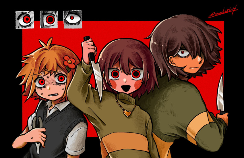 1boy, 2others, alternate_color, alternate_eye_color, antenna_hair, arm_up, basil_(faraway)_(omori), basil_(omori)