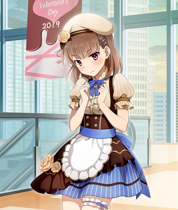 1girl, 2019, adjusting_bowtie, apron, beret, blue_bow, blue_bowtie, blue_ribbon