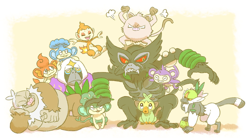 :3, aipom, animal_focus, ape, arms_up, chimchar, closed_eyes, closed_mouth