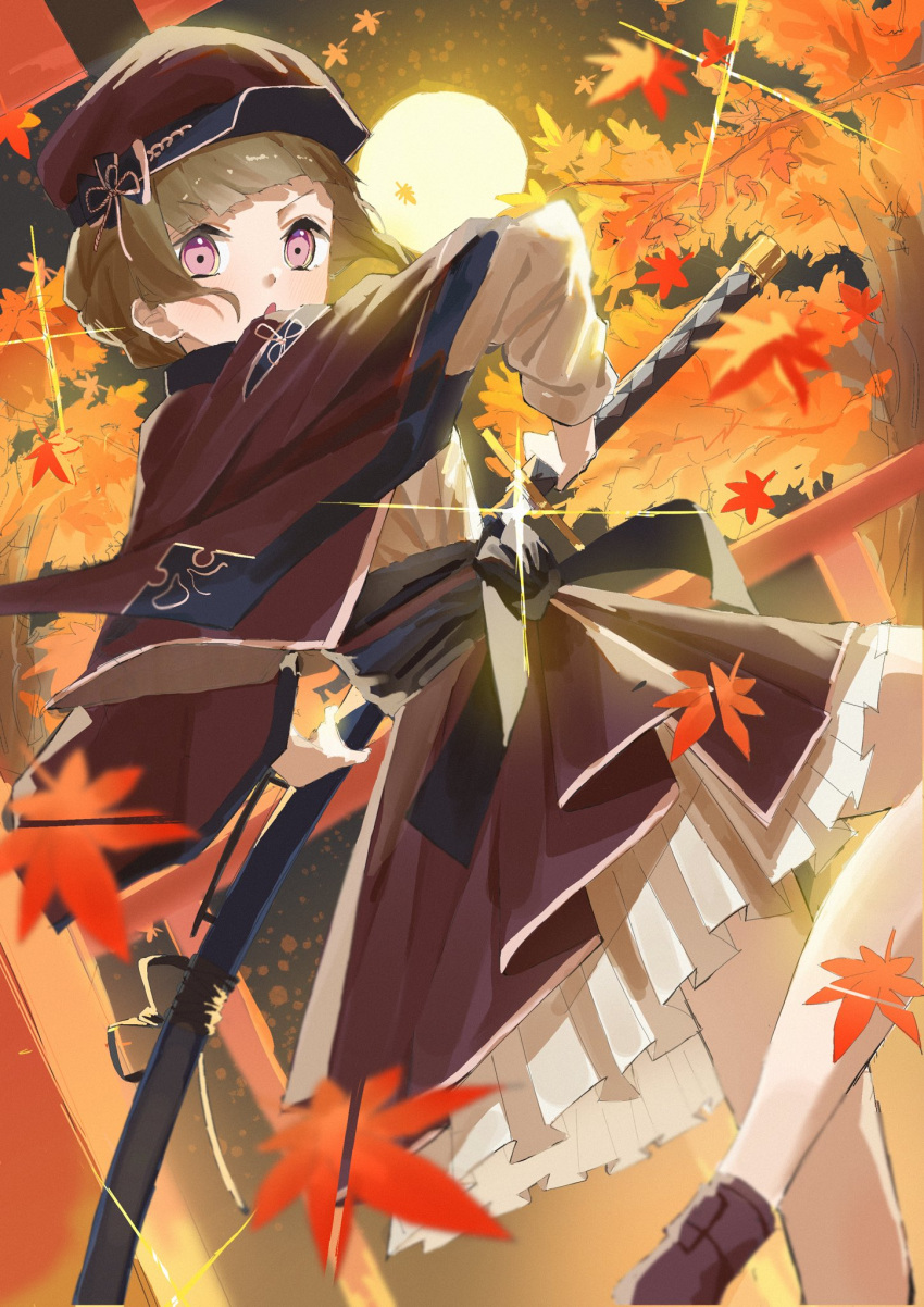 1girl, autumn_leaves, capelet, commentary, falling_leaves, feet_out_of_frame, full_moon, garand_flash_(love_live!)