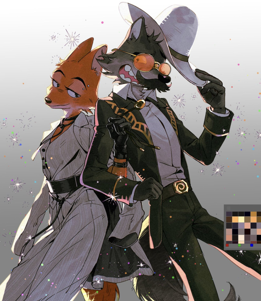 1boy, 1girl, black_gloves, bolo_tie, coat, coat_on_shoulders, couple, cowboy_hat