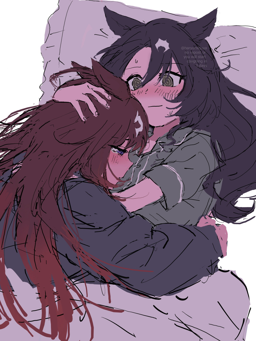 2girls, @_@, absurdres, alternate_costume, alternate_hairstyle, animal_ears, baryumejuya, black_hair