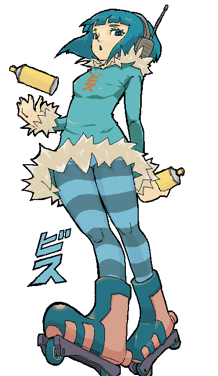 blue_hair, headphones, inline_skates, jet_set_radio, mew_(jsr), pantyhose, roller_skates, short_hair