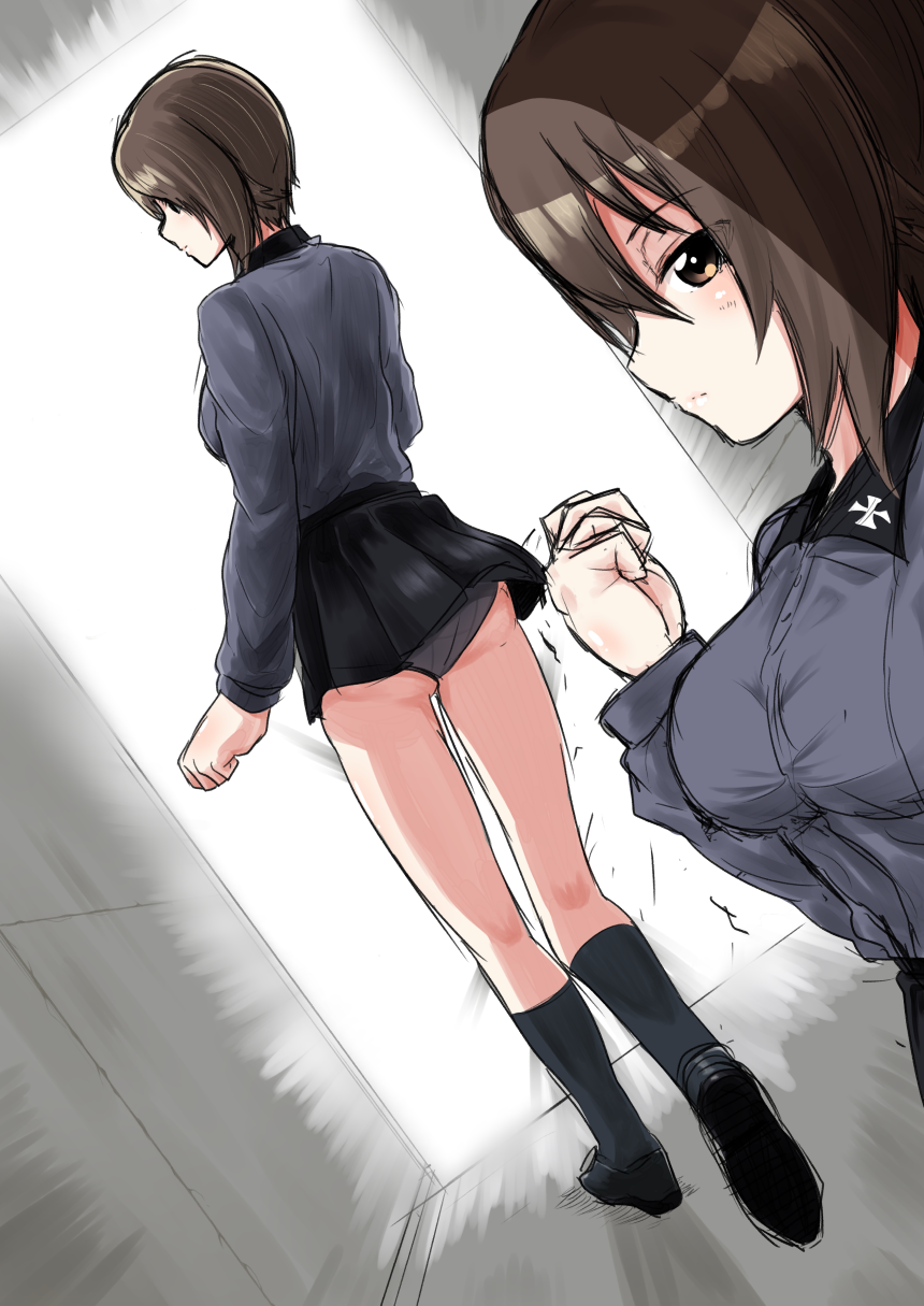 1girl, back, black_collar, black_shoes, black_skirt, breasts, brown_eyes, brown_hair, clenched_hands, clip_studio_paint_(medium), collar, cross, eyes_visible_through_hair, from_behind, from_side, full_body, girls_und_panzer, grey_panties, grey_shirt, grey_socks, hair_between_eyes, highres, iron_cross, ken_hayasaka, kneehighs, kuromorimine_school_uniform, large_breasts, long_sleeves, looking_at_viewer, nishizumi_maho, panties, pleated_skirt, school_uniform, shirt, shoes, short_hair, skirt, socks, solo, underwear, wing_collar