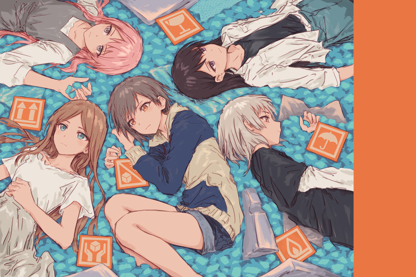 5girls, arrow_(symbol), bang_dream!, bang_dream!_it's_mygo!!!!!, black_hair, black_shirt, blue_eyes, blue_hoodie