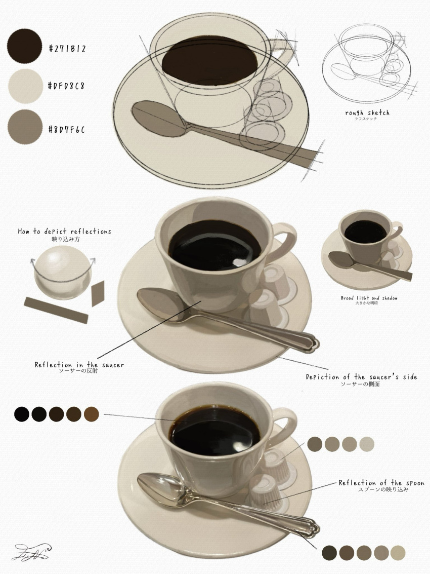 coffee, coffee_mug, color_guide, creamer_packet, cup, drink, english_commentary, fine_9725