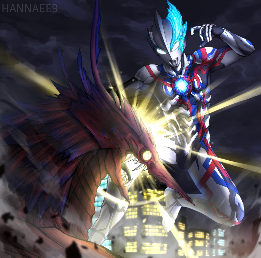 1boy, absurdres, alien, arm_up, artist_name, asymmetrical_horns, battle, bazanga