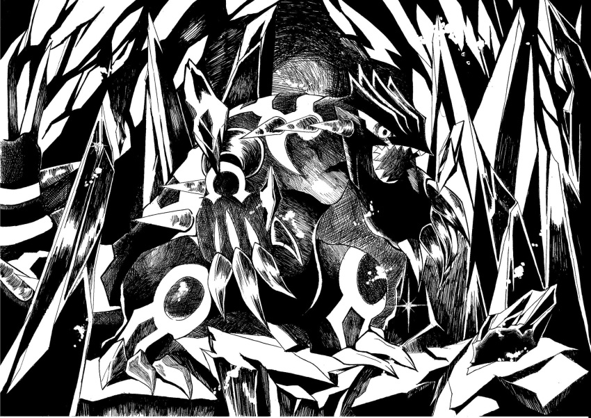 claws, commentary_request, greyscale, groudon, highres, kernel0911, monochrome, no_humans, open_mouth, pokemon, pokemon_(creature), pokemon_focus, primal_groudon, sharp_teeth, solo, spikes, teeth