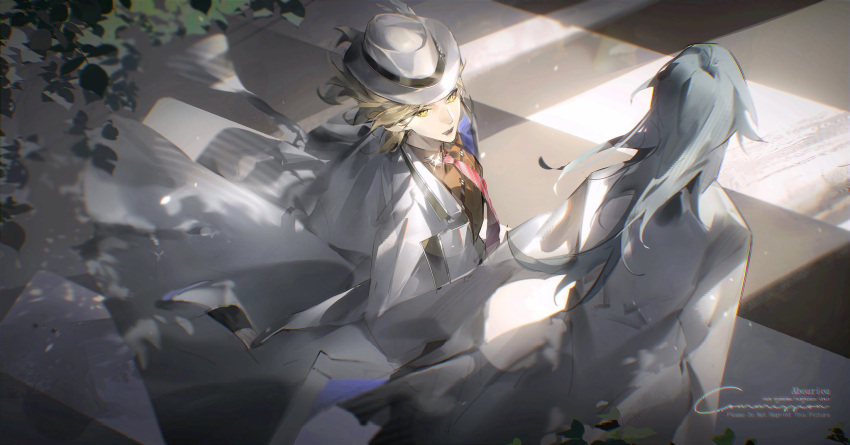 2girls, black_lips, blonde_hair, chief_(path_to_nowhere), coat, coat_on_shoulders, cowboy_shot, crosswalk