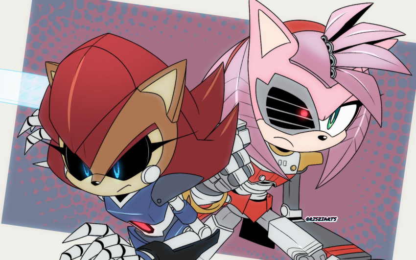 2girls, amy_rose, black_sclera, blue_eyes, claws, colored_sclera, cyborg, furry, furry_female, green_eyes, heterochromia, highres, mecha_sally, mechabare, multiple_girls, pink_hair, red_eyes, red_hair, risziarts, robot, robot_girl, rusty_rose, sally_acorn, sonic_(series), sonic_prime, sonic_the_hedgehog_(archie_comics), twitter_username