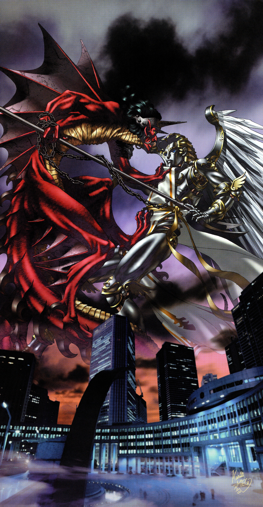 1998, absurdres, android, angel, angel_wings, artist_name, battle, belial_(megami_tensei)