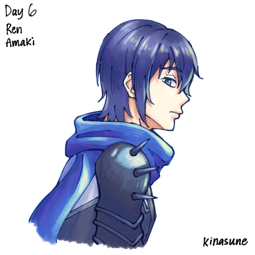 1boy, amaki_ren, armor, artist_name, black_armor, black_hair, blue_eyes, blue_hair