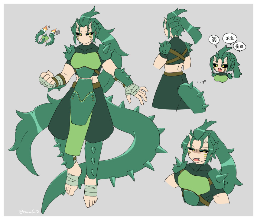 armor, bandaged_arm, bandages, barefoot, black_sclera, breastplate, colored_sclera, commentary_request