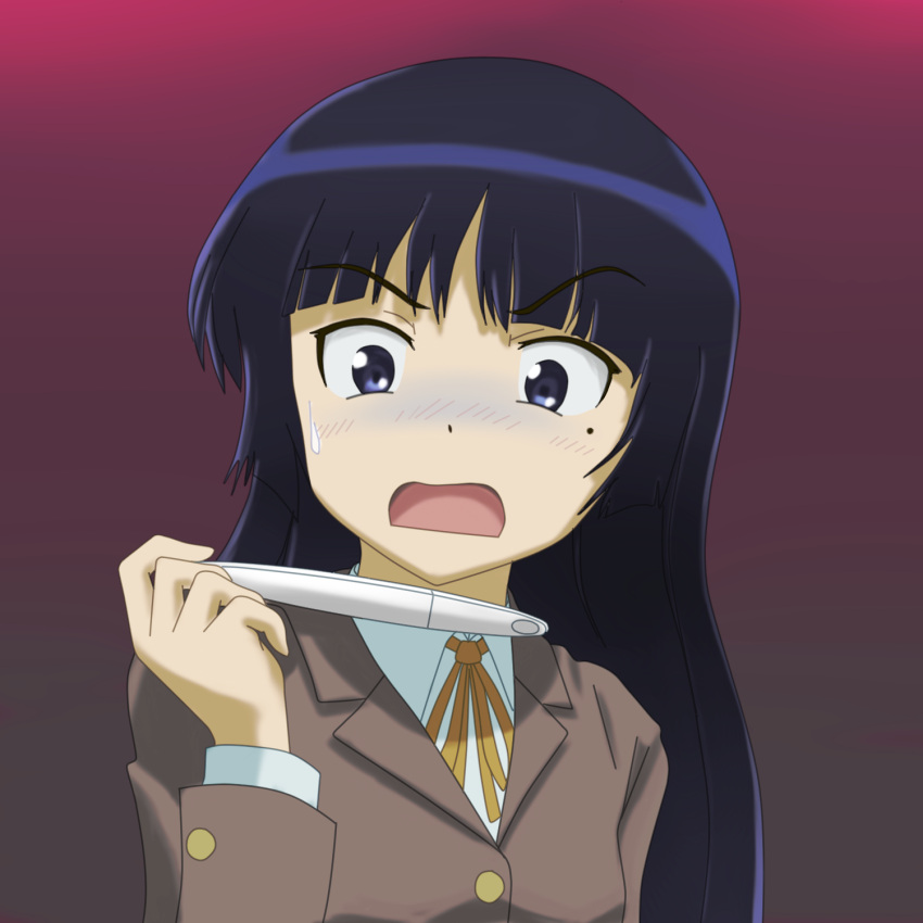 black_eyes, black_hair, commentary, face, gokou_ruri, highres, long_hair, mole, ore_no_imouto_ga_konna_ni_kawaii_wake_ga_nai, pregnancy_test, pregnant, school_uniform, surprised, sweat_drop, turn_pale