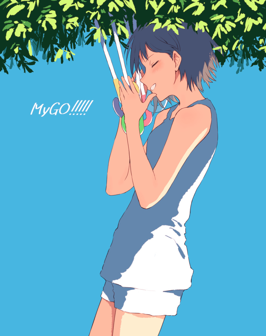 1girl, bang_dream!, bang_dream!_it's_mygo!!!!!, bare_shoulders, blue_background, commentary, cowboy_shot, grey_hair