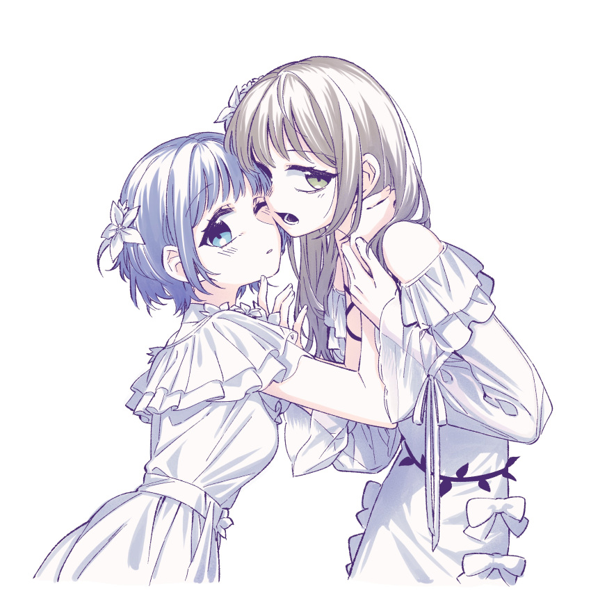 2girls, absurdres, bang_dream!, bang_dream!_our_notes, blue_eyes, blue_hair, brown_hair, commentary_request, dress, flower, green_eyes, hair_flower, hair_ornament, hamasaki_mahoro, hand_in_another's_hair, highres, korean_commentary, kotohira_nagi, long_hair, long_sleeves, multiple_girls, neonfloyd, one_eye_closed, open_mouth, parted_lips, short_sleeves, simple_background, white_background, white_dress, yuri